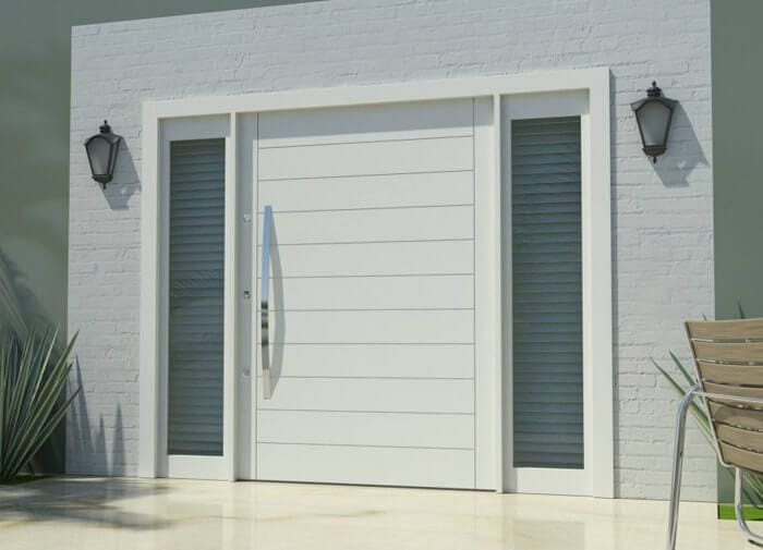 Porta pivotante em laca branca com dois cantos de vidro